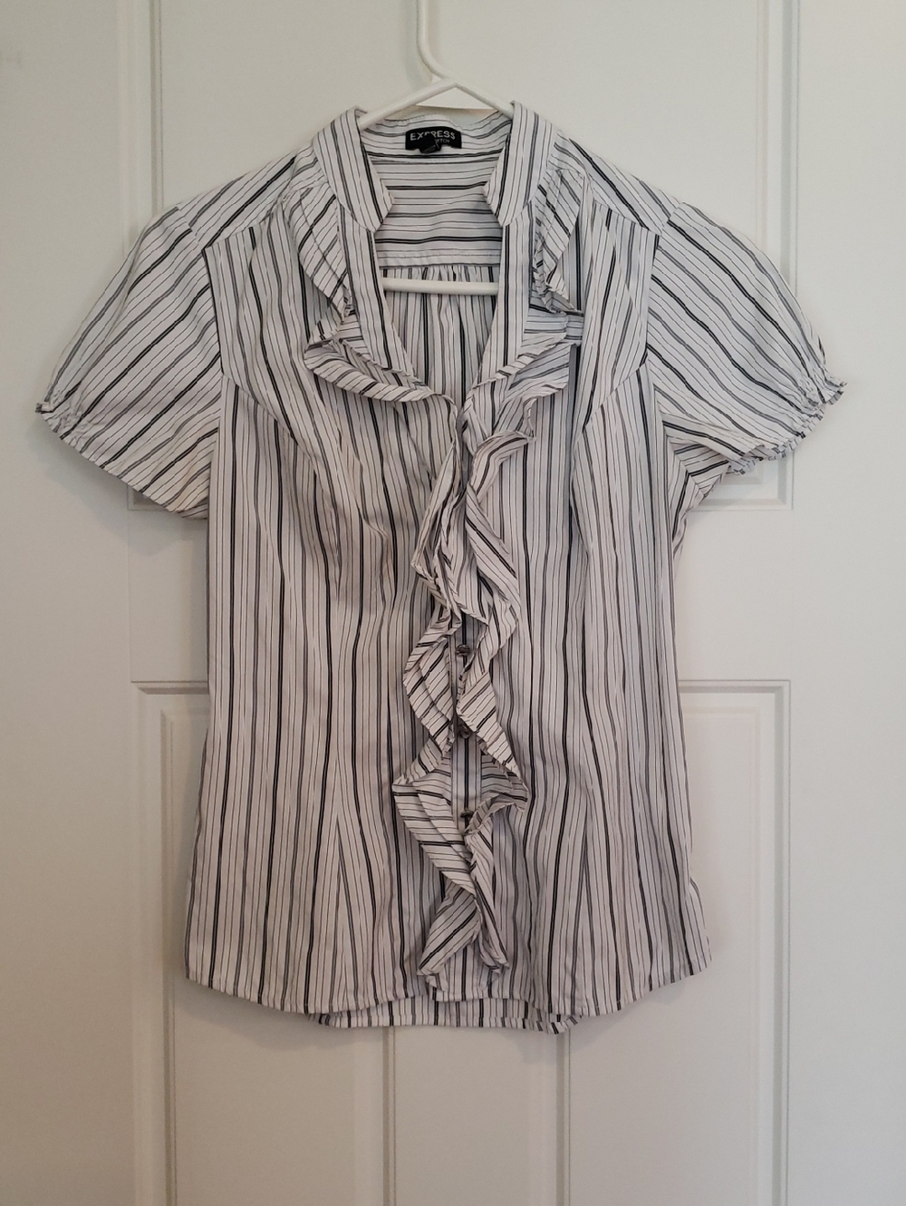 Express XS White and Black Striped Ruffled Blouse